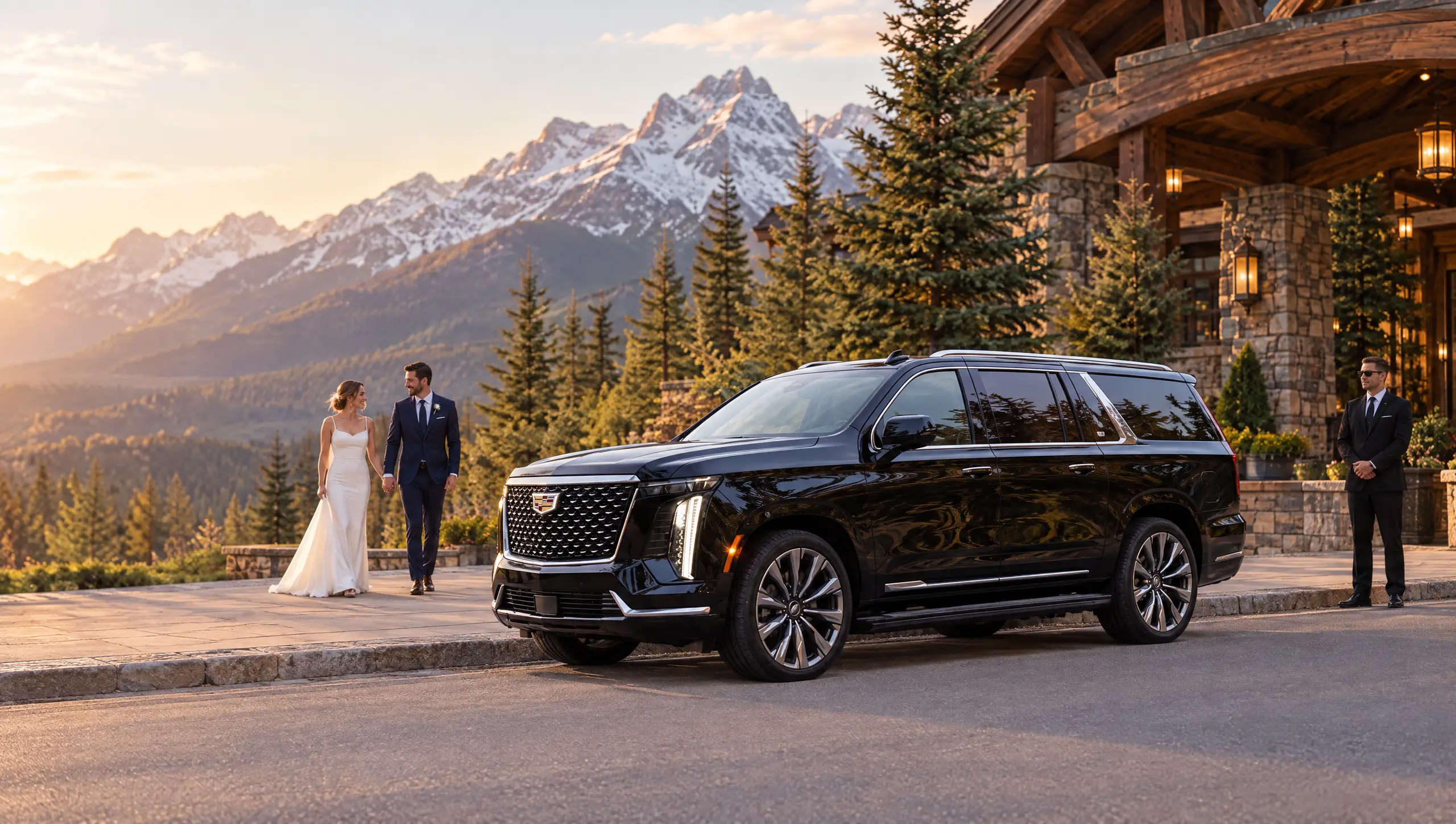 A bride and groom walk toward a black Cadillac Escalade ESV parked at the curb outside a mountain lodge, with the chauffeur waiting on the sidewalk.