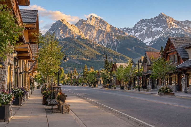 The Three Sisters peaks above Canmore, seen across the Bow Valley on a clear morning.