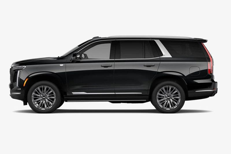 A black Cadillac Escalade Platinum in profile, showing its full length and polished alloy wheels.
