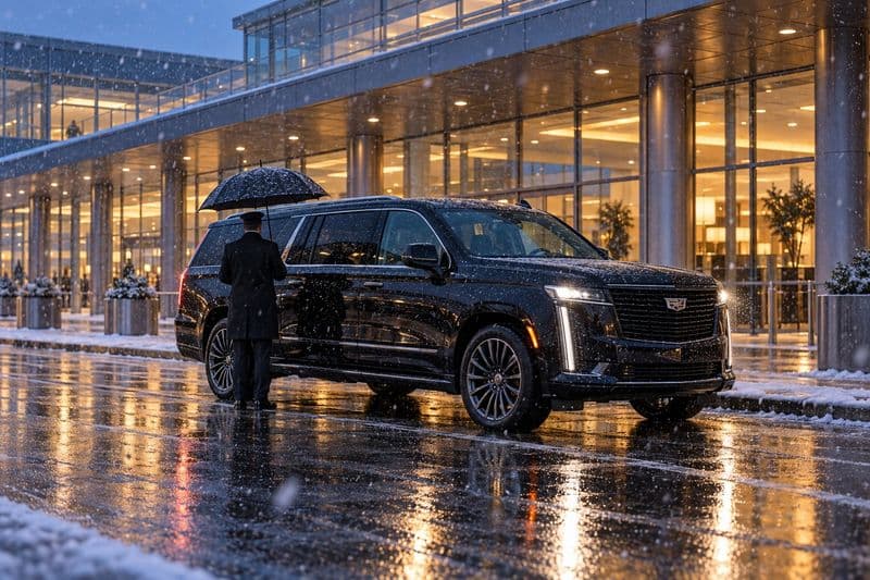 A black Cadillac Escalade at an airport arrivals curb in falling snow at dusk, a chauffeur with an umbrella waiting beside the rear door.