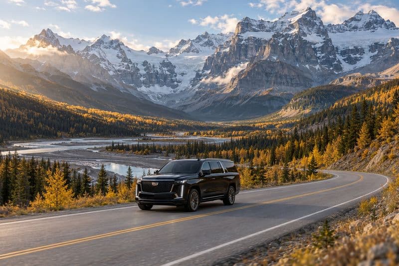 A black Cadillac Escalade on a curving mountain highway in autumn, golden larches, a braided glacial river and glaciated peaks behind.