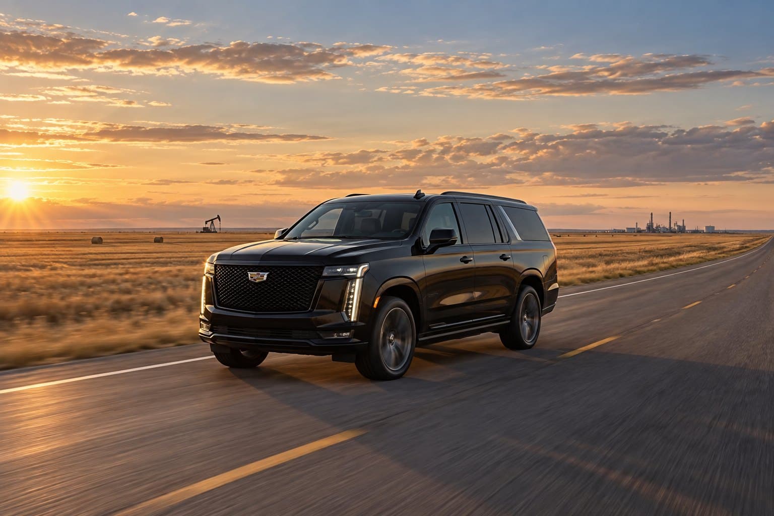 A black Cadillac Escalade on a straight prairie highway at golden hour, a pumpjack and a processing facility on the horizon.