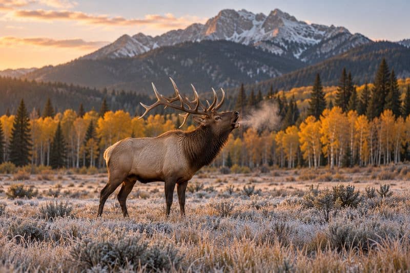 A bull elk bugling in a frosty meadow at dawn, breath steaming, with golden aspens and a snow-dusted mountain behind.