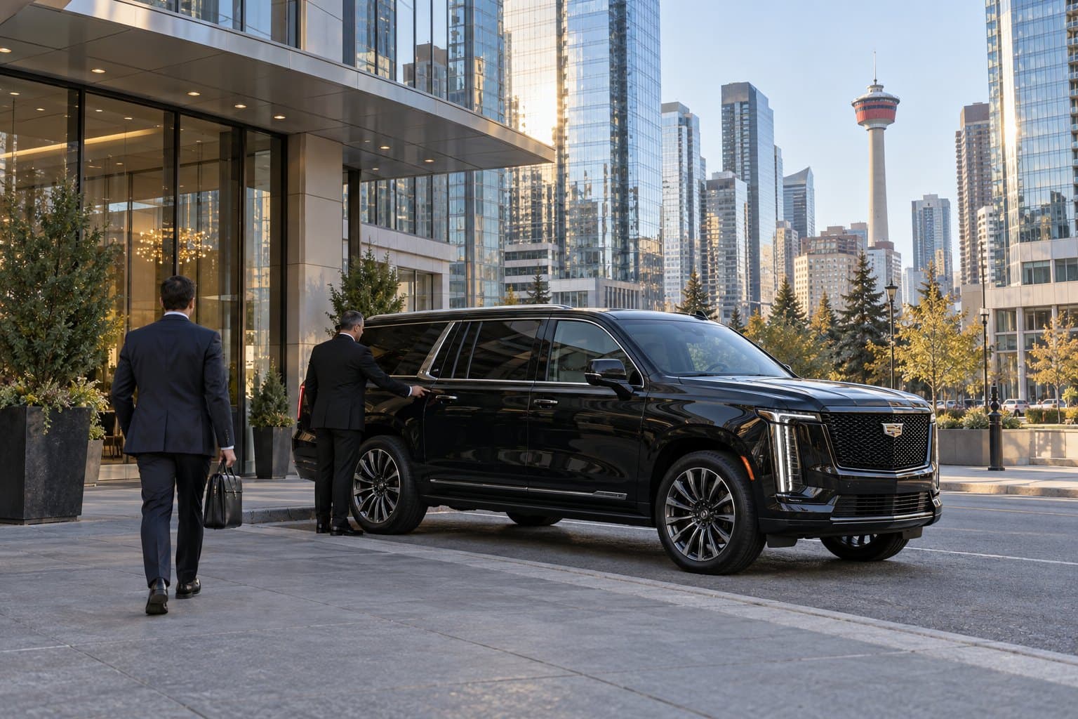 A chauffeur opening the rear door of a black Cadillac Escalade outside a glass office tower in downtown Calgary, a businessperson walking towards it and the Calgary Tower behind.