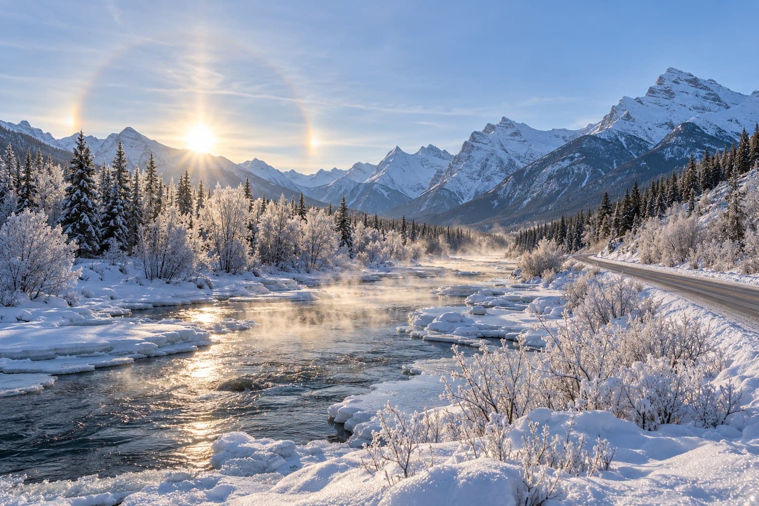 A frosty February morning on a steaming mountain river, hoar frost on the trees, a sun dog halo around the low sun and a quiet road along the river.