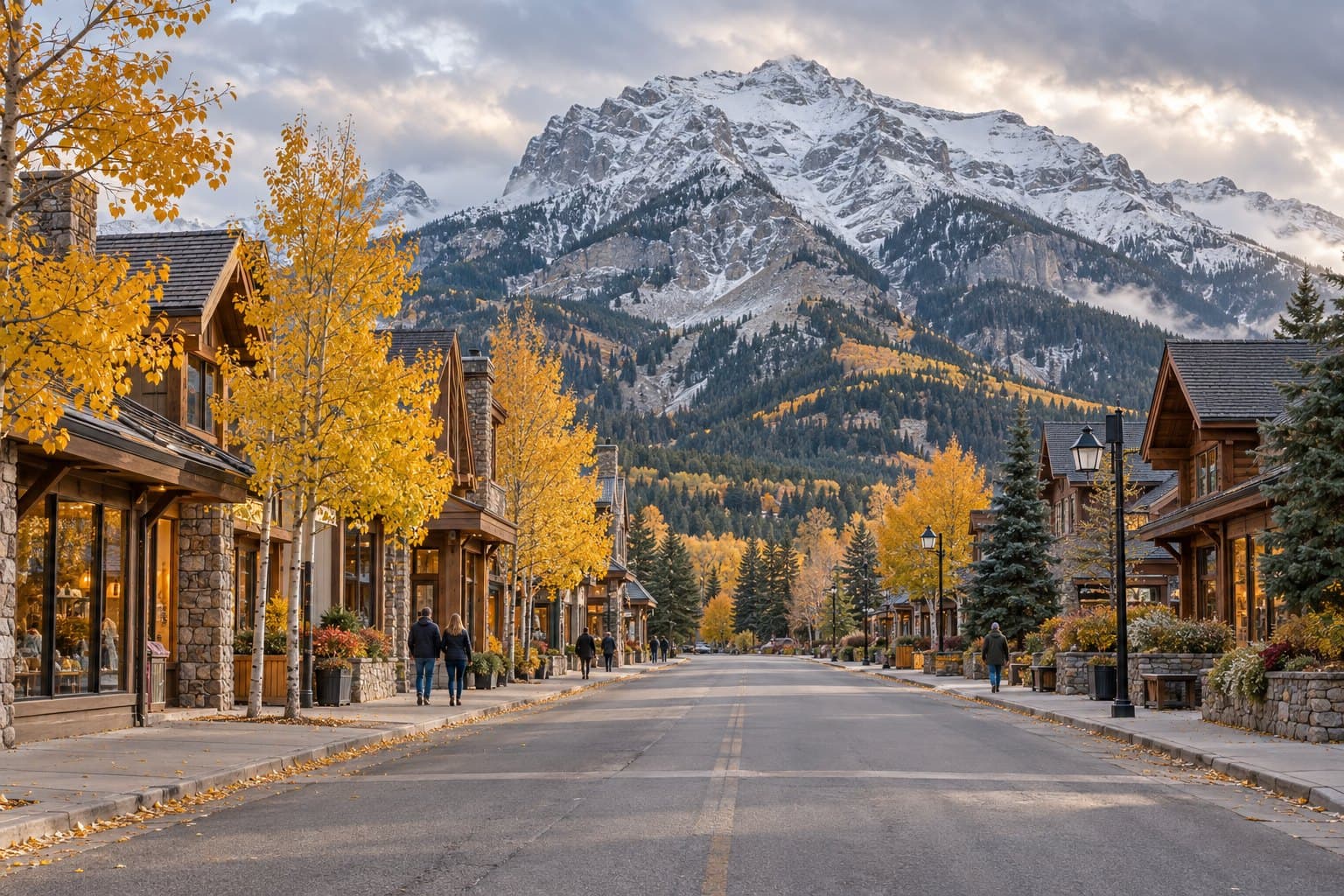 A quiet mountain-town avenue in October, timber and stone shopfronts, golden aspens and a snow-dusted mountain rising behind the town.