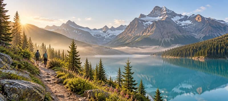 Two hikers on a lakeside trail at sunrise, with mist over turquoise water and snow-capped Rockies behind them.