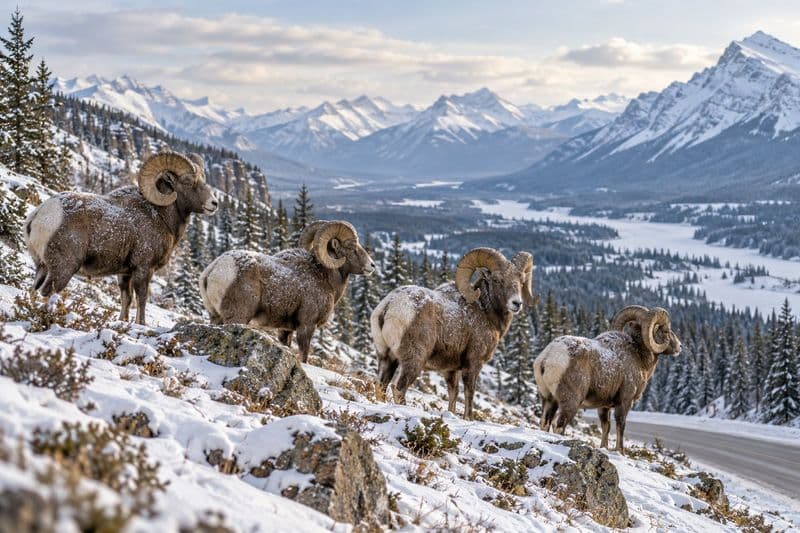Four bighorn sheep on a snowy slope above a mountain road, a wide snowy valley and peaks behind.