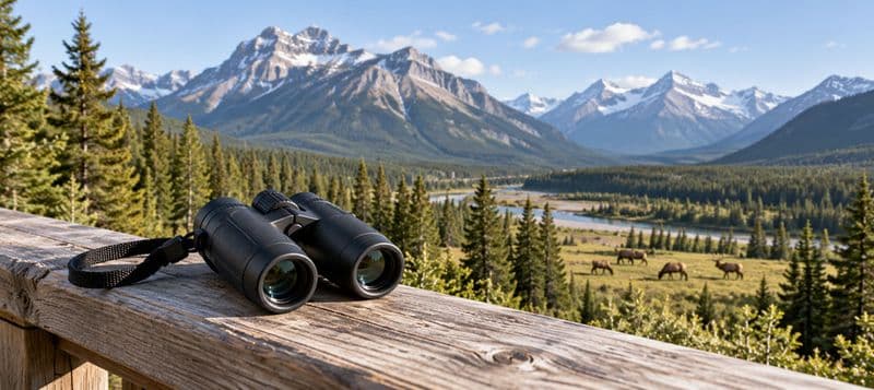 Binoculars resting on a wooden railing above a river valley, with elk grazing in the meadow and mountains beyond.