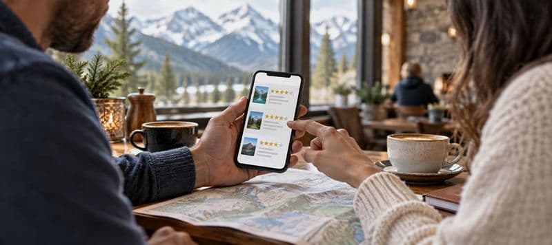 Two people at a cafe table reading starred travel reviews on a phone, a paper map open between them and mountains through the window.