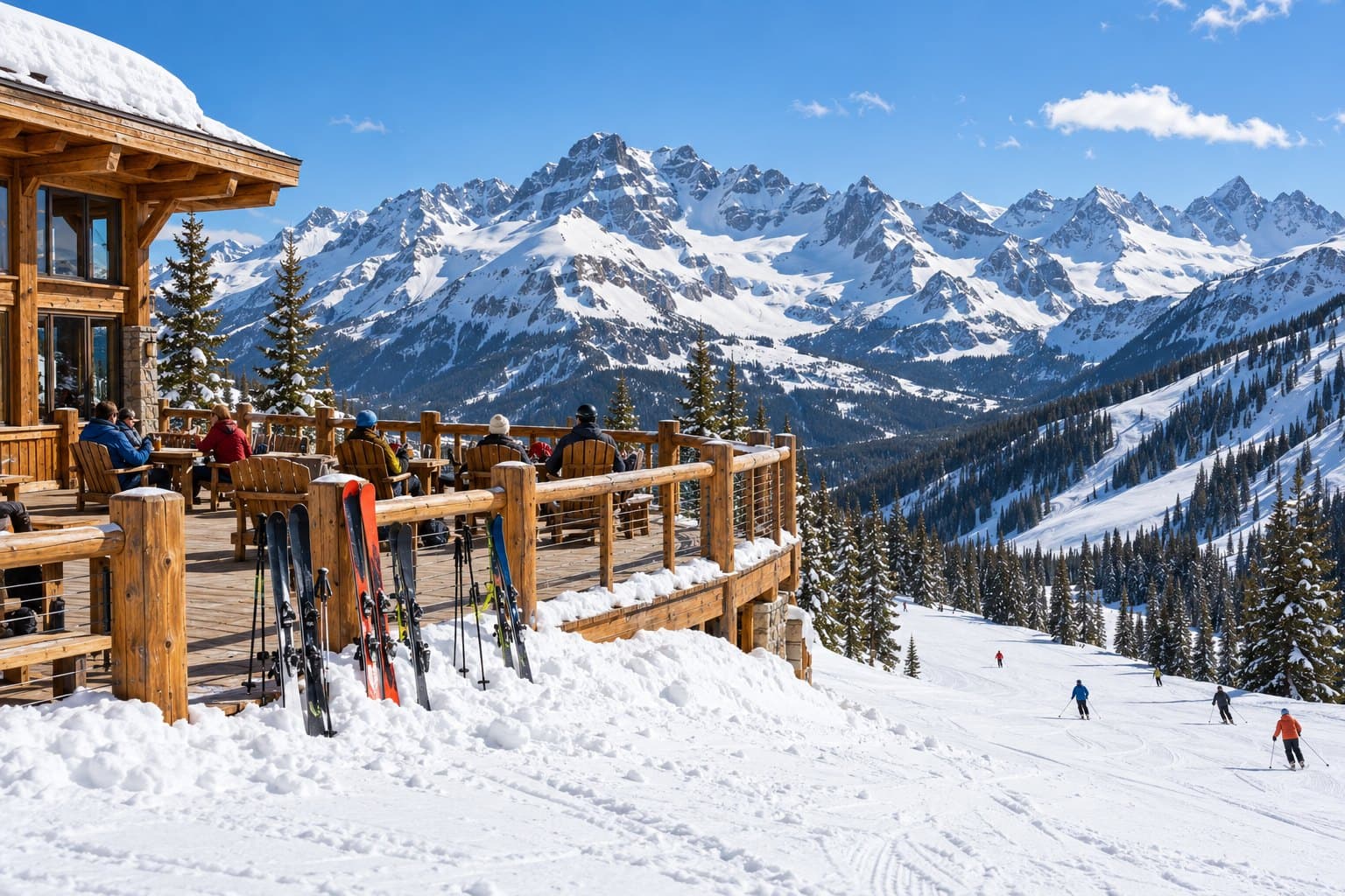 Skiers relaxing on a wooden lodge deck on a sunny spring ski day, skis standing in the snow, runs and peaks behind.