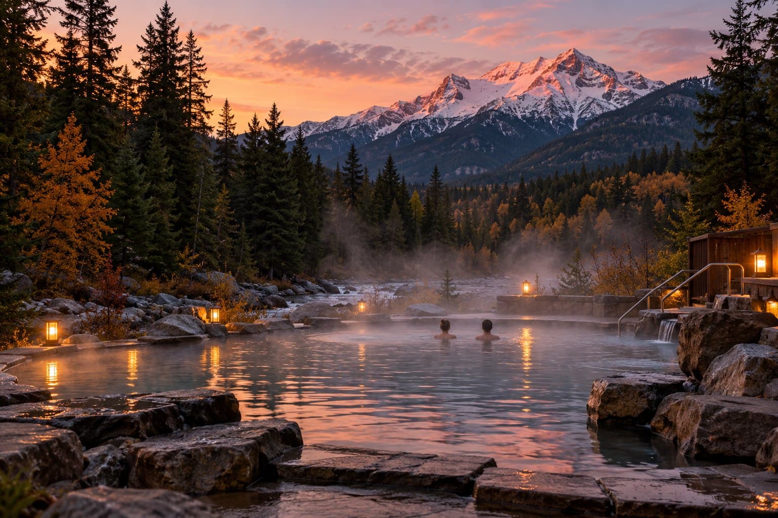 Two bathers in a steaming outdoor hot spring pool at dusk, lanterns around the rocks, evergreen forest and a snowy peak glowing pink behind.