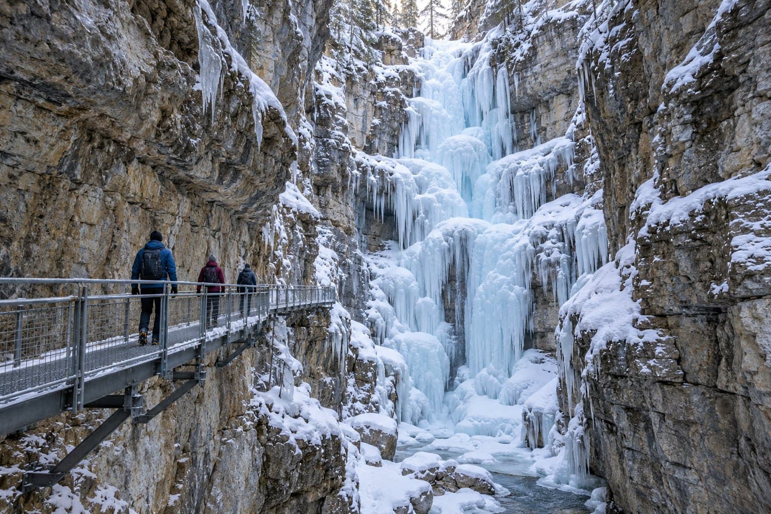 Walkers on a steel catwalk along a limestone canyon wall beside a frozen blue-white waterfall in winter.